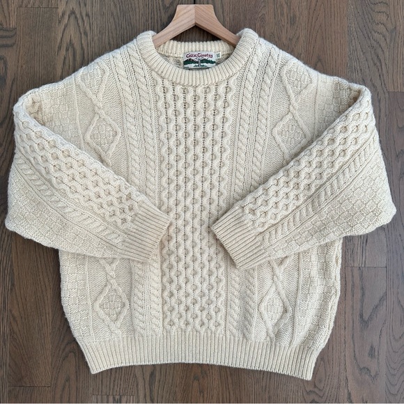 Vintage Celtic Country 100% Wool Irish Cable Knit Crew Neck Sweater Cream Large - Picture 4 of 8